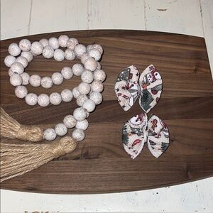 Snowman, candy cane, ornaments, green background hair bows on alligator clips